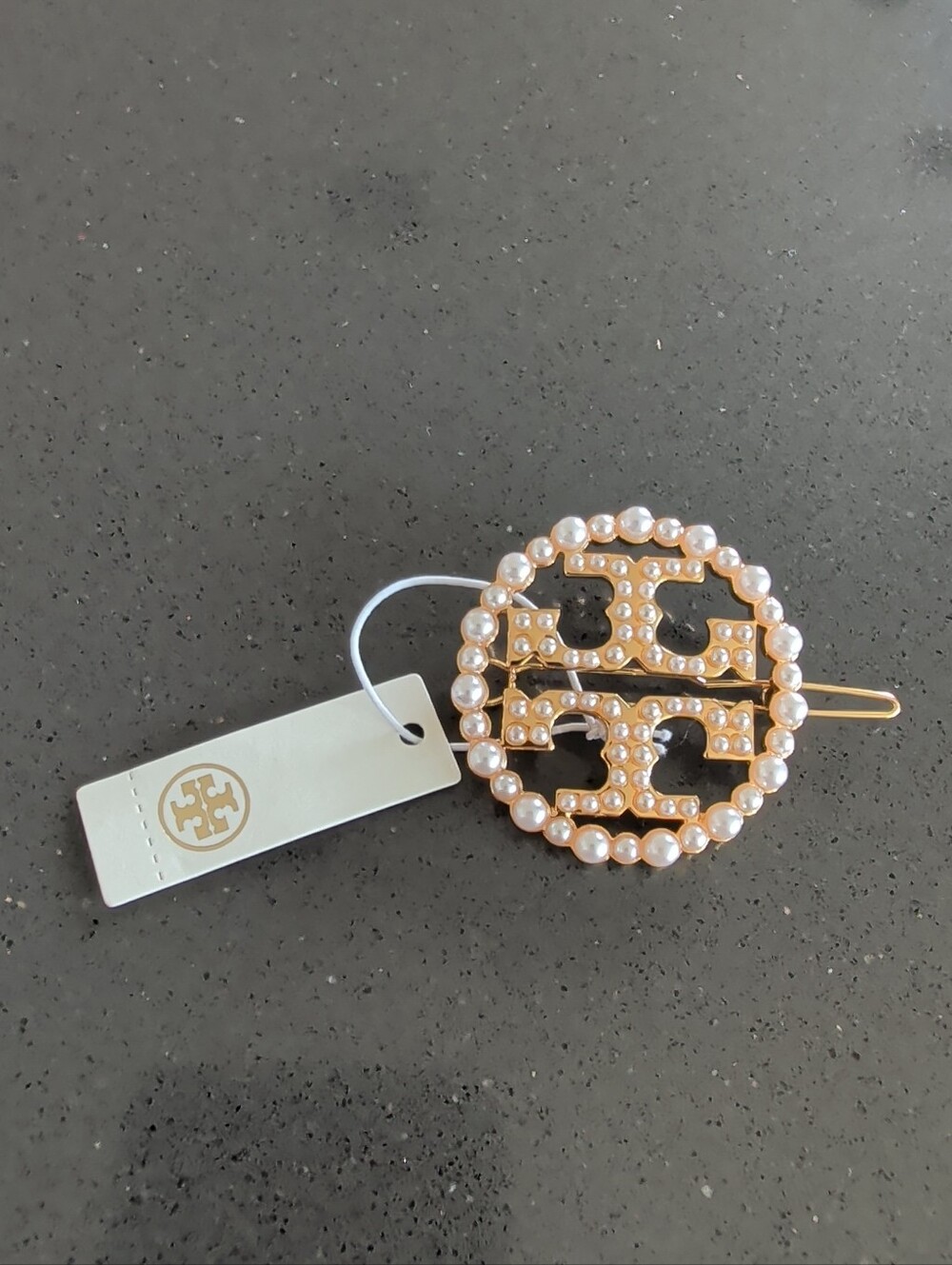 NWT TORY BURCH Double T Logo Pearl Accent Hair Clip W78